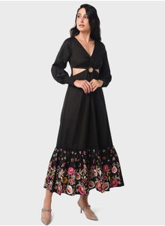 Buy Embroidered Hem Waist Cutout Dress in UAE