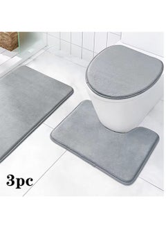 اشتري 3-Pieces Absorbent Anti-Slip Bath Mat Set Soft Memory Foam Bathroom Mat Toilet Mat Grey في الامارات