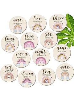 Buy 13 Pieces Baby Monthly Milestone Wooden Baby Milestone Cards Boho Rainbow Double Sided Printed Milestone Discs Wood Gift Photo Prop Discs Sets Birth Announcement Sign for Baby Shower Newborn in Saudi Arabia