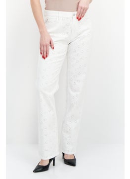 Buy Women Regular Fit High Waist Embroidered Stretchable Denim, White in Saudi Arabia