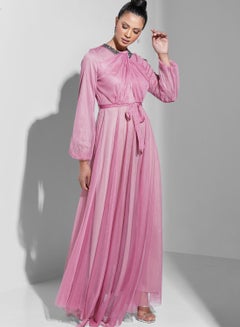 Buy Embellished Neck Belted Tulle Dress in UAE