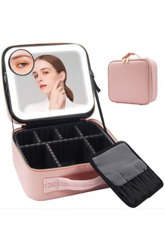 Buy Makeup Bag with Mirror of LED Lighted  and Detachable 10x Magnifying Mirror, Cosmetic Bag Organizer with Adjustable Dividers in Saudi Arabia