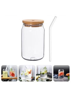 اشتري Glass Cans with Bamboo Cover, Can Shaped Glass Glass Cups Transparent Water Cup Juice Drink Cup Drinking Cups with Straw for Water and Mixed Drink for Any Drink and Any Occasion ( 500 Ml ) في الامارات