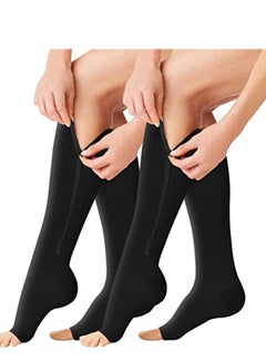 Buy Compression Socks 2 Pairs 15-20Mmhg Open Toe Toeless Copper Fiber Leg Support Stocking Knee High With Zipper For Women And Men L in UAE