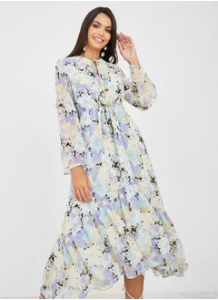 اشتري Floral Print Tie Up Neck A-Line Midi Dress في السعودية