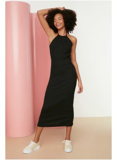 Buy Black Halter Neck Fitted Ribbed Stretchy Midi Knitted Pencil Dress TWOSS22EL1220 in Egypt