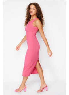 Buy Fuchsia Bodycone/Fitting Halter Neck Stretchy Knitted Maxi Pencil Dress TWOSS24EL00186 in Egypt