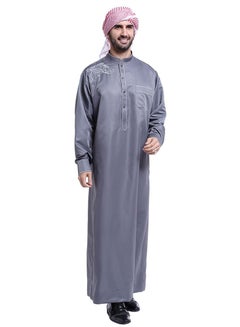 Buy Mens Clothing Casual Full Length Embroidery Abaya Robe Islamic Arabic Long Sleeve Kaftan Dark Grey in UAE