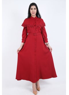 Buy Maxi Dress with long sleeves and belt on the waist, Red in Saudi Arabia