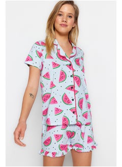 Buy Light Blue 100% Cotton Watermelon Pattern Frilly Shirt-Shorts Knitted Pajamas Set THMSS21PT0670 in Egypt