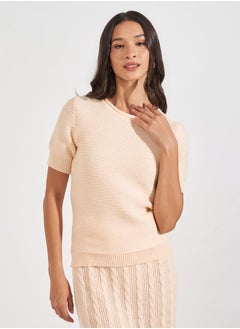 Buy Textured Knit Top with Short Sleeves in Saudi Arabia