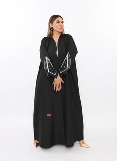 Buy Black linen abaya with distinctive and attractive embroidery on the sleeves in Saudi Arabia