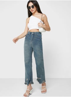 Buy Ripped Raw Hem Detail High Waist Jeans in Saudi Arabia