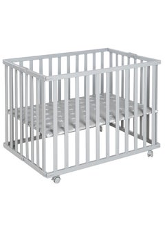 Buy Wooden Folding Playpen, Two-Tone, 74 X 100 CM, Lockable Wheels, Height Adjustable, Taupe in UAE