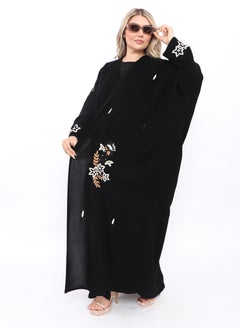 Buy Black abaya with embroidered patterns on the sleeves and front in Saudi Arabia