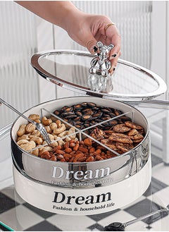 اشتري Divided Serving Tray Dried Fruits Nuts Spices Tray with Lid 2 Tiered Snack Candy Tray Food Storage Containers for Home Office kitchen Pantry White and Silver Colour Porcelain W22xL22xH16.5 cm في الامارات