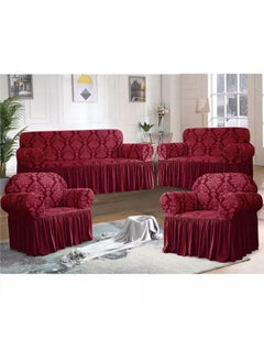 Buy 4 piece 7 Seater(3+2+1+1)Stretchable Sofa Cover Set with Ruffle Skirt Red in Saudi Arabia