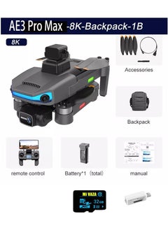 Buy Black AE3 Pro Max Drone 8K HD Dual Camera 5G WIFI GPS FPV 360° Obstacle Avoidance Brushless Motor Drone With 1 Battery in UAE