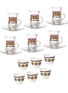 Buy A tea cup and saucer set made of Turkish glass and Saudi coffee porcelain with Sadu pattern in Saudi Arabia