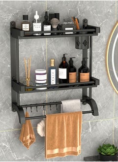 Buy Stainless Steel Non Punching Hollow Out Bathroom Shelving Wall Hanging Bathroom Towel Rack Black Kitchen Storage Drain Basket Rack With Hook Double Layer Black in Saudi Arabia