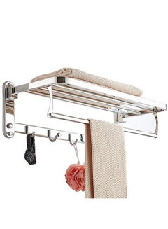 Buy Wall Mounted Rustproof Folding Bathroom Towel Shelf With 4 Hooks Shelf For Towels Bath Robe Shower Brush Holder in Saudi Arabia