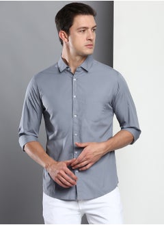 Buy Men's Slim Fit Dark Blue Casual Cotton Spread Shirt in Saudi Arabia