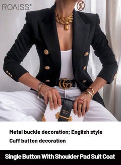 Buy Women'S Fashion Slim Versatile Blazer Classic V-Neck Long-Sleeved Jacket Side Flap Utility Pockets Gold Button Top in UAE