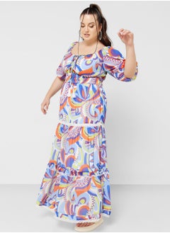 Buy Printed Tie Neck Fit & Flare Dress in UAE