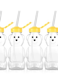 Buy 4 Pieces Juice Bear Bottles, Honey Bear Drinking Bottles,Plastic Reusable Drinking Cups,Includes 4 Soft Silicone Straws,Daily Drinking Supplies (Yellow) in Saudi Arabia