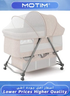 اشتري 2 in 1 Portable Movable Crib Foldable Baby Bassinet with Mosquito Shade Net Storage Basket and Memory Foam Mattress Khaki في الامارات