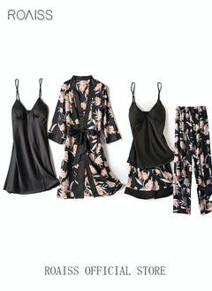 اشتري 5-Pack Women's Pajama Sets Sling with Chest Pad Nightdress Sweet Sleepwear Home Wearing Clothes Suits Ladies Floral Printing Nightwear Lingerie Robe Underwear Shorts Summer Spring Black في الامارات