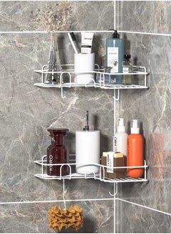 Buy 2-Piece Bathroom Rack Shower Shampoo Organizer Wall Mounted Storage Rack And Hooks White 26x12x4.5 Centimeter in UAE