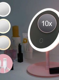 Buy Lighted Makeup Mirror with Magnification 10X, 7 Inch 3 Color Dimmable Lights Cosmetic Mirror, 90° Swivel Rechargeable LED Vanity Mirror, Portable Table Desk Counter top Mirror Standing Mirror in Saudi Arabia