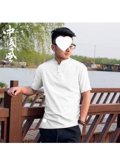 Buy Mens Summer Linen Shirt Solid Vintage Mandarin Collar White in UAE