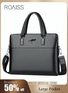 اشتري Classic PU Business Leather Briefcase 14-Inch Laptop Bag Large Slim Messenger Bag Soft Top Handle Handbag with Long Straps for Men Travel Office Work Black في السعودية