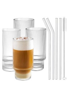 Buy Ribbed Drinking Glasses with Glass Straws 330 ML (Set of 4) in UAE