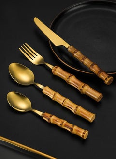 Buy Bamboo Tableware Set Stainless Steel Cutlery Set Natural Bamboo Flatware Stainless Steel Bamboo Utensil Bamboo Cutlery Bamboo Handle Utensil Set (Gold, 4 Pcs) in UAE