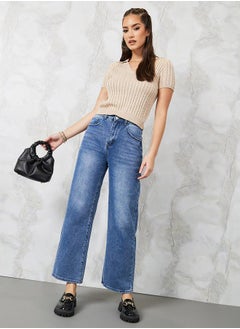 Buy Mid Rise Whisker Detail Wide Leg Jeans in Saudi Arabia