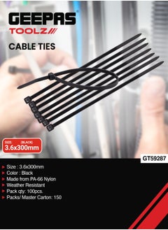 اشتري Geepas Cable Ties GT59287, 3.6 X 300 MM, Pack Of 100 Pieces, Ideal For Organizing and Securing Cables and Wires, Made from PA-66 Nylon, Black في الامارات