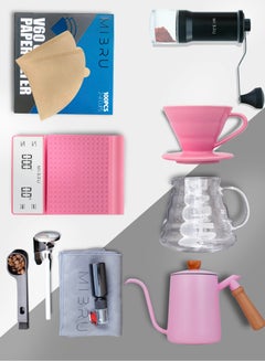 Buy V60 drip coffee maker set pink Suitable It consists of a scale barista's kit glass server drip jug coffee filter coffee grinder drip funnel thermometer in Saudi Arabia