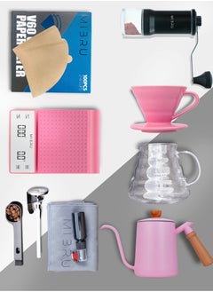 Buy V60 drip coffee maker set pink Suitable It consists of a scale barista's kit glass server drip jug coffee filter coffee grinder drip funnel thermometer in Saudi Arabia