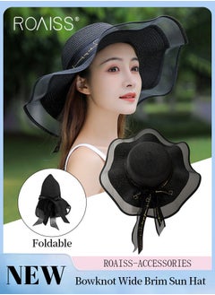 Buy Bohemian Wide Wave Brim Sun Hat Foldable Sun Visor Bowknot Summer Beach Straw Hat for Women Black in Saudi Arabia