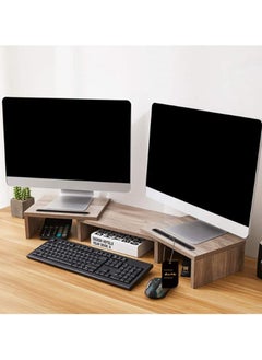 Buy Dual Monitor Stand -Adjustable Length and Angle Dual Monitor Riser, Computer Monitor Stand with 2 Slots, Desktop Organizer, Monitor Stand Riser for PC/Computer/Laptop Brown in Saudi Arabia