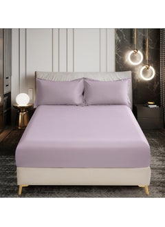 اشتري Bedding Fitted Sheet 3-Pcs Super King Size Solid Bed Sheet Set Fits(200x200CM) With Pillowcases And 35 CM Extra Deep Brushed Microfiber Bed Sheet,Lilac في الامارات