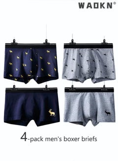 اشتري 4 Pack Set Men's Cotton Boxers Shorts Briefs Breathable Soft Underpants Summer High Elastic Classic Elk Pattern Printing Teenager Underwear Men Underwear في السعودية