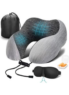 Buy Travel Pillow 100% Memory Foam Pillow, Neck Pillow for Airplane, Neck & Head Support Pillow for Sleeping Rest & Car, Travel Pillows Kit with Storage Bag, Sleep Mask and Earplugs （Grey） in Saudi Arabia