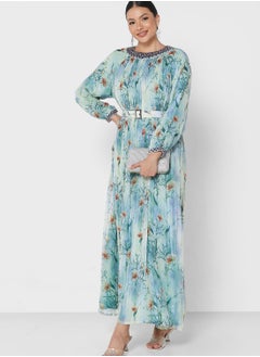 Buy Embellished Plisse Floral Print Dress in UAE