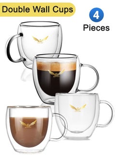 Buy 4 Pcs Double Wall Insulated Glass Mugs with Handle Everyday Coffee Glass Cups Perfect for Espresso Machine and Coffee Maker in UAE