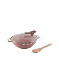 اشتري Wok Pan with Glass Lid - Induction Bottom Safe Frying Pan Double Handle with Durable Non-Stick Granite Coating - Oven Safe Pan With Wooden Turner في الامارات