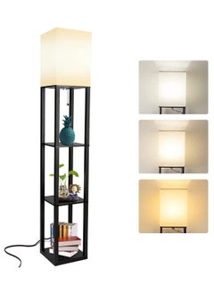 Buy Floor Lamp with Shelves, 4-Tier Modern Shelf Lamp with LED Bulb Display Storage Wood Standing Light with White Linen Texture Shade for Living Room, Bedroom, Office (Walnut) in Saudi Arabia